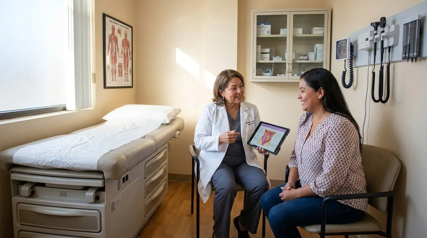 Mujer hispana en una consulta de salud femenina en Houston