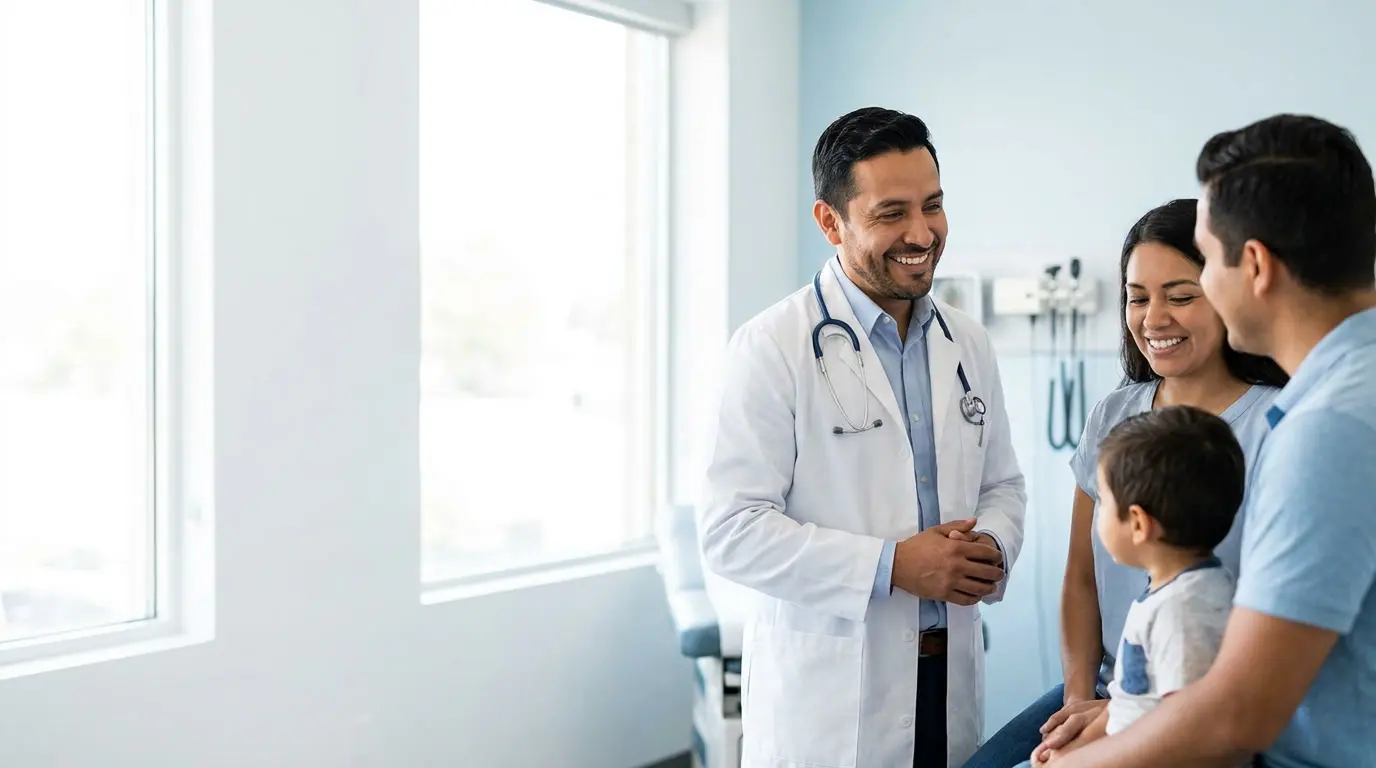 Médico atendiendo a una familia hispana en Clínica Hispana Mangum, Houston